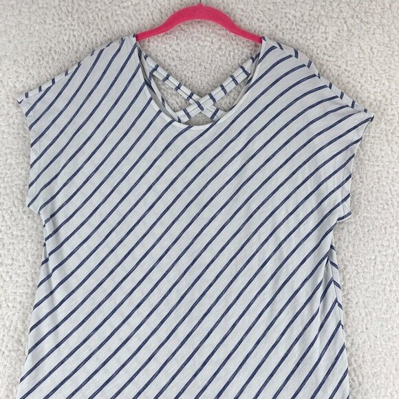 Chico's White Blue Striped Pullover Shirt Womens Stretch Short Sleeve Size Large - Picture 2 of 12